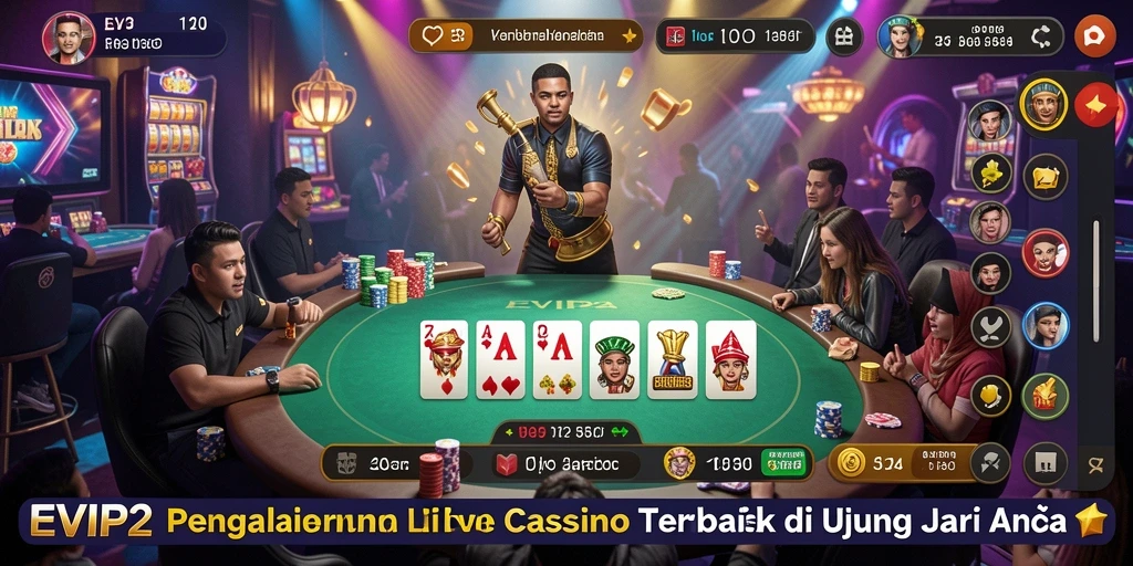 Screenshot gameplay EVIP2 dengan dealer langsung dan suasana kasino yang nyata.
