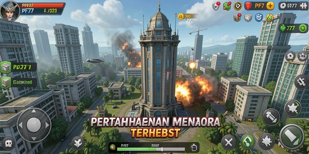 Screenshot PF777 menunjukkan aksi pertahanan menara yang mendebarkan.