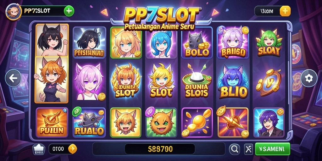 Screenshot PP7SLOT menampilkan gameplay yang penuh warna dan karakter anime.