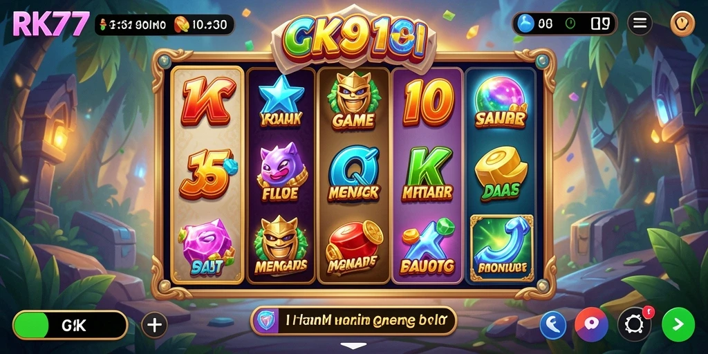 Screenshot gameplay RK77 menampilkan berbagai tema slot yang menarik.